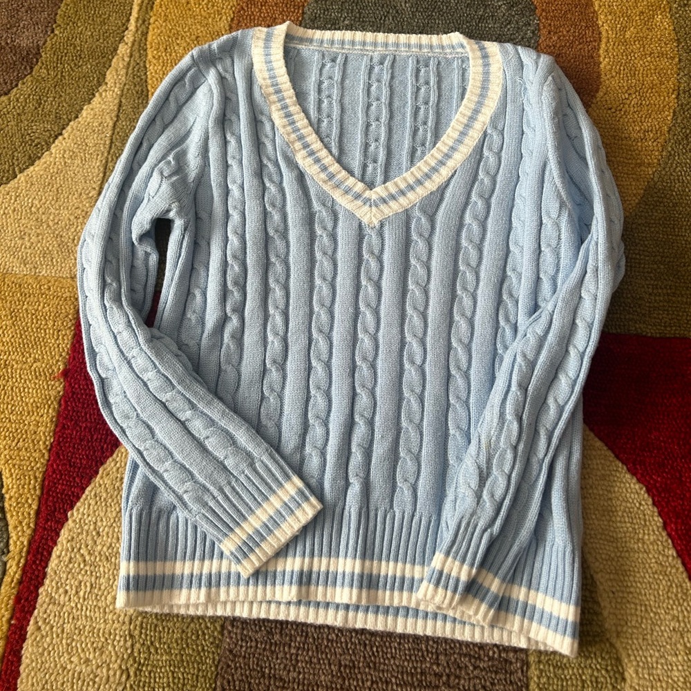 Shein Preppy Y2K Style Light Blue White Cable Knit V Neck Crop Sweater One Size